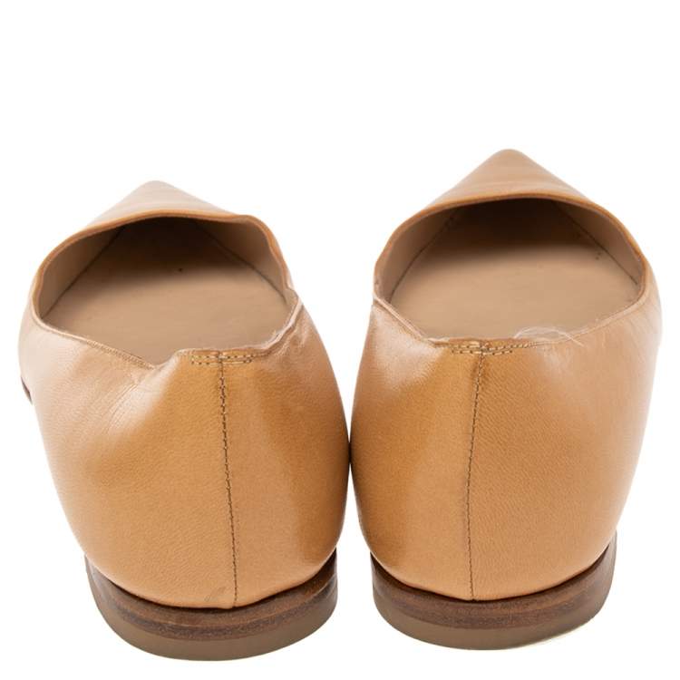 Pre Owned Manolo Blahnik Tan Leather Titto Pointed Toe Ballet Flats Size 36.5