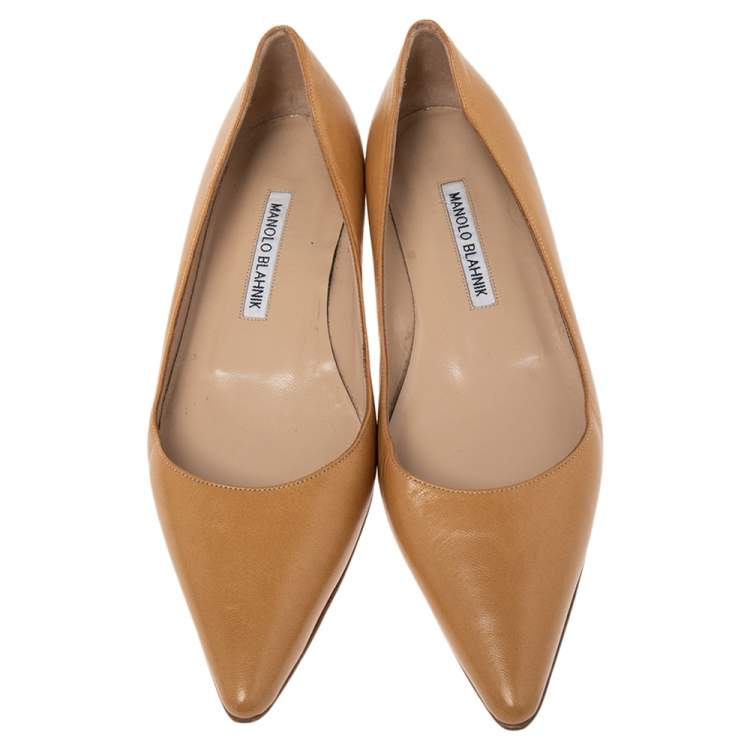 Pre Owned Manolo Blahnik Tan Leather Titto Pointed Toe Ballet Flats Size 36.5