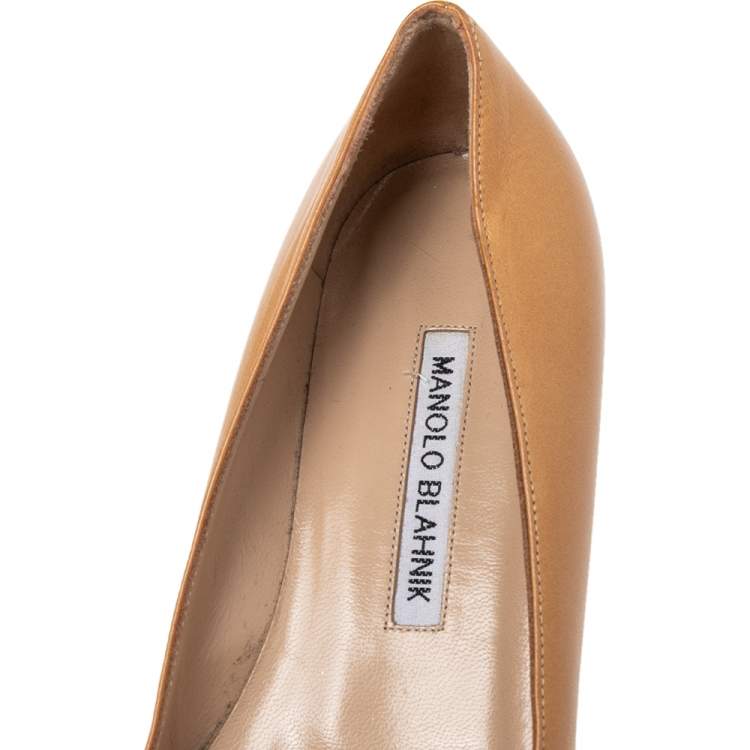 Pre Owned Manolo Blahnik Tan Leather Titto Pointed Toe Ballet Flats Size 36.5