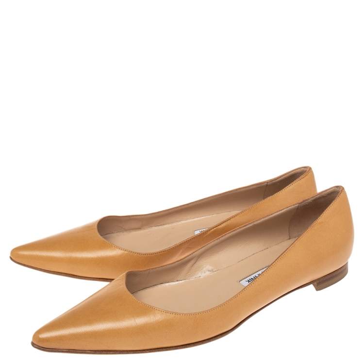 Pre Owned Manolo Blahnik Tan Leather Titto Pointed Toe Ballet Flats Size 36.5