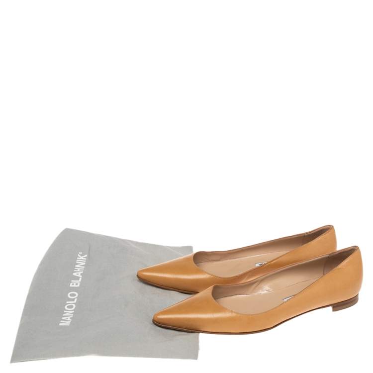 Pre Owned Manolo Blahnik Tan Leather Titto Pointed Toe Ballet Flats Size 36.5