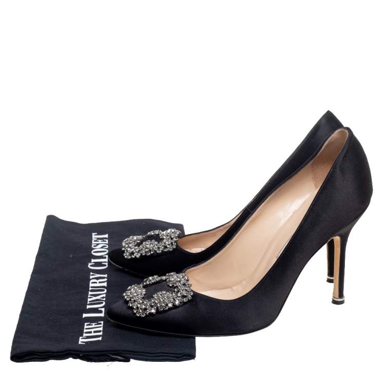 Pre Owned Manolo Blahnik Black Satin Hangisi Pointed Toe Pumps Size 38