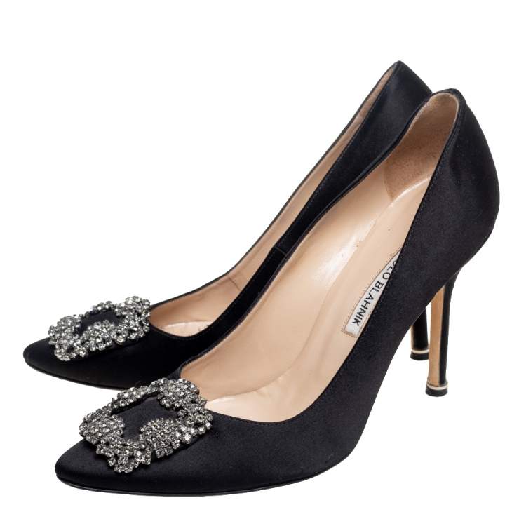 Pre Owned Manolo Blahnik Black Satin Hangisi Pointed Toe Pumps Size 38