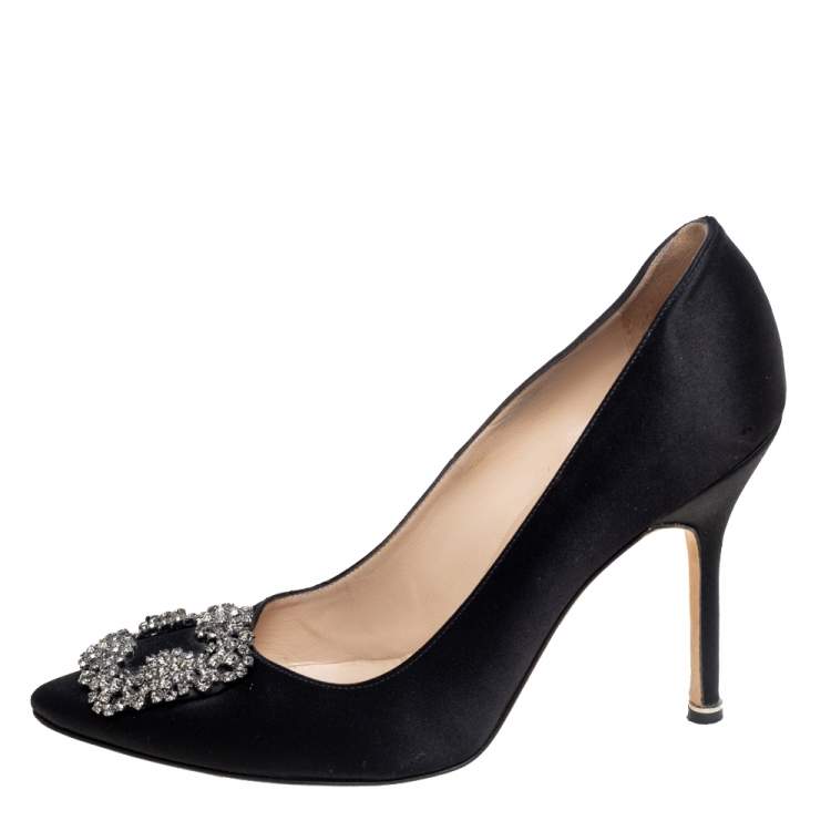 Pre Owned Manolo Blahnik Black Satin Hangisi Pointed Toe Pumps Size 38