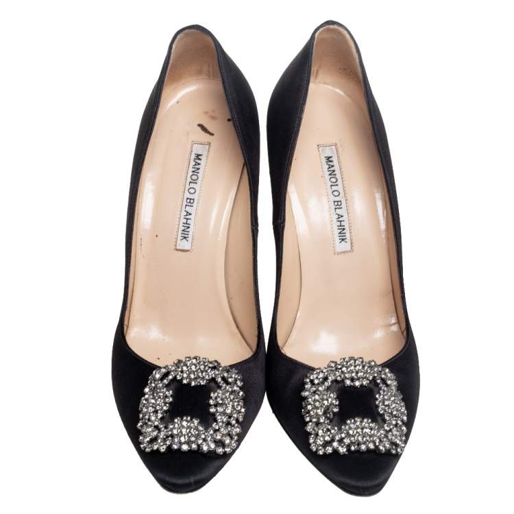 Pre Owned Manolo Blahnik Black Satin Hangisi Pointed Toe Pumps Size 38