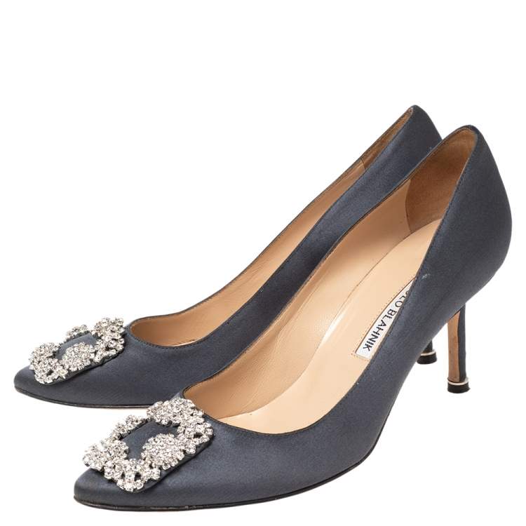 Pre Owned Manolo Blahnik Dark Grey Satin Hangisi Pumps Size 38