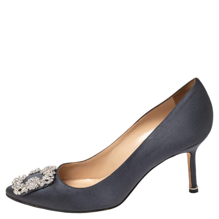 Pre Owned Manolo Blahnik Dark Grey Satin Hangisi Pumps Size 38