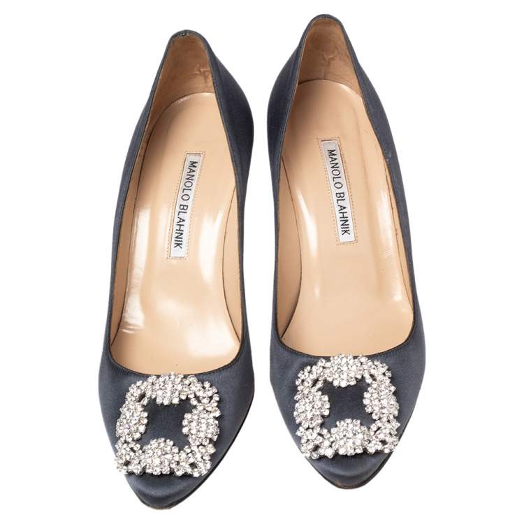 Pre Owned Manolo Blahnik Dark Grey Satin Hangisi Pumps Size 38