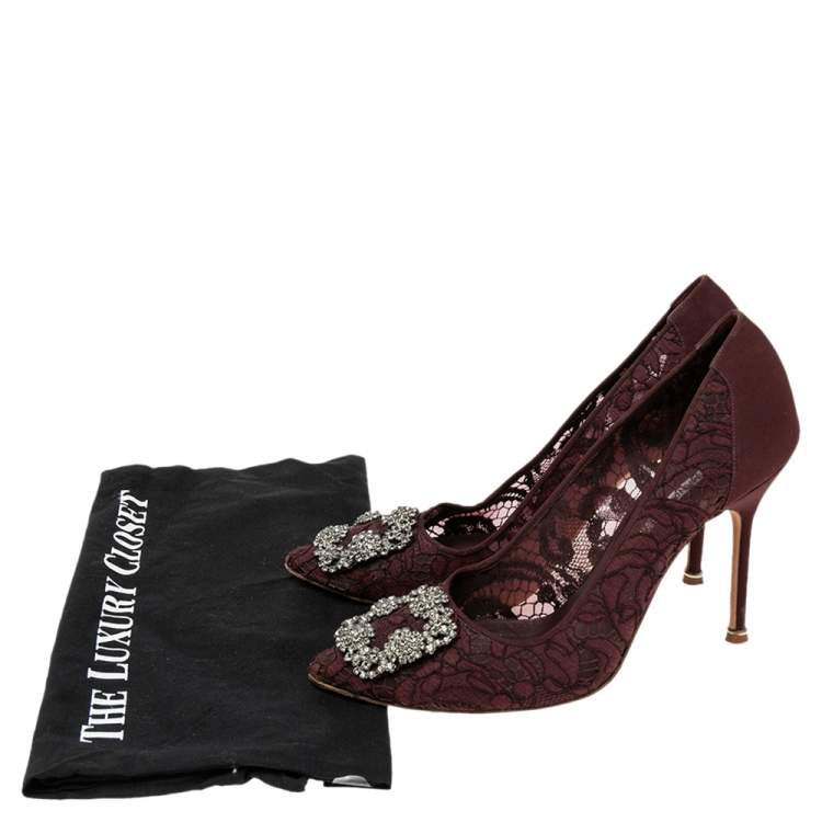 Pre Owned Manolo Blahnik Burgundy Lace  Hangisi  Pumps Size 39