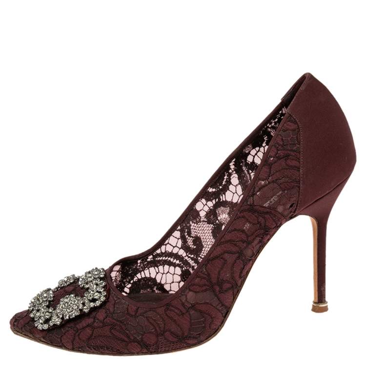 Pre Owned Manolo Blahnik Burgundy Lace  Hangisi  Pumps Size 39