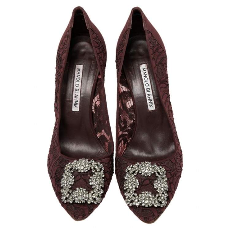 Pre Owned Manolo Blahnik Burgundy Lace  Hangisi  Pumps Size 39