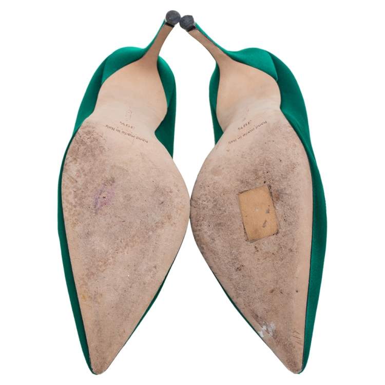 Pre Owned Manolo Blahnik Emerald Green Satin Embellishment Pumps Size 39.5