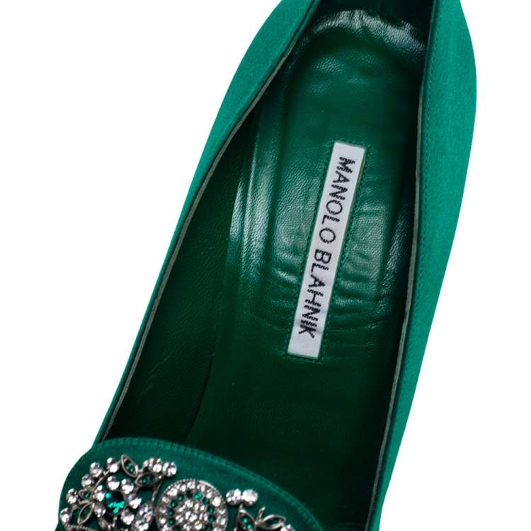 Pre Owned Manolo Blahnik Emerald Green Satin Embellishment Pumps Size 39.5