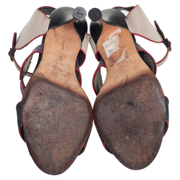 Pre Owned Manolo Blahnik Multicolor Leather Court Out  Ankle Strap Sandals Size 36.5