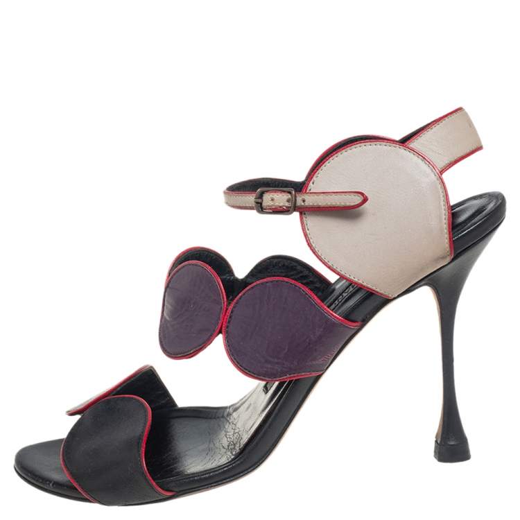 Pre Owned Manolo Blahnik Multicolor Leather Court Out  Ankle Strap Sandals Size 36.5