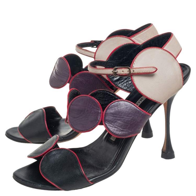Pre Owned Manolo Blahnik Multicolor Leather Court Out  Ankle Strap Sandals Size 36.5