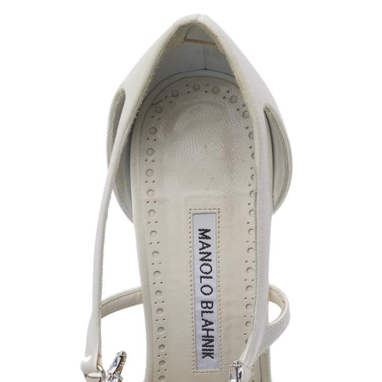 Pre Owned Manolo Blahnik White Satin Lala Crystal Embellished Pointed Toe Pumps Size 38