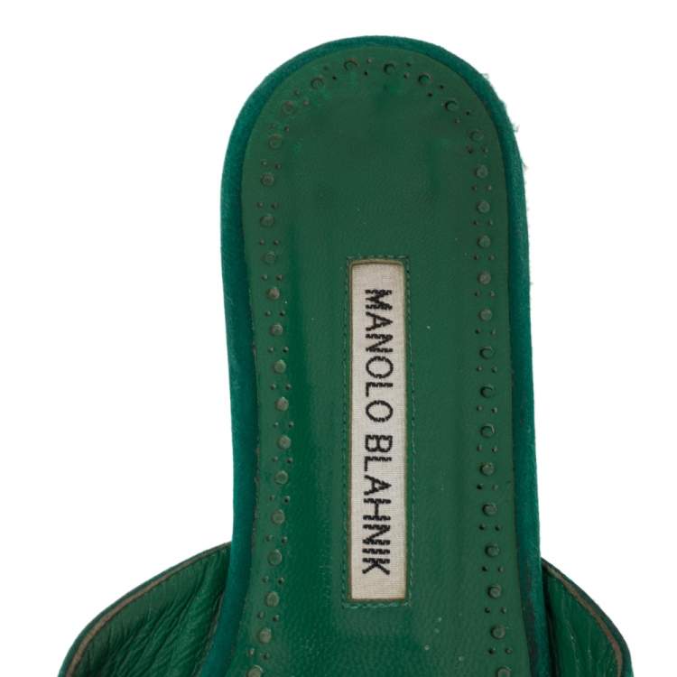 Pre Owned Manolo Blahnik Green Satin Crystal Martamod Flat Sandals size 37