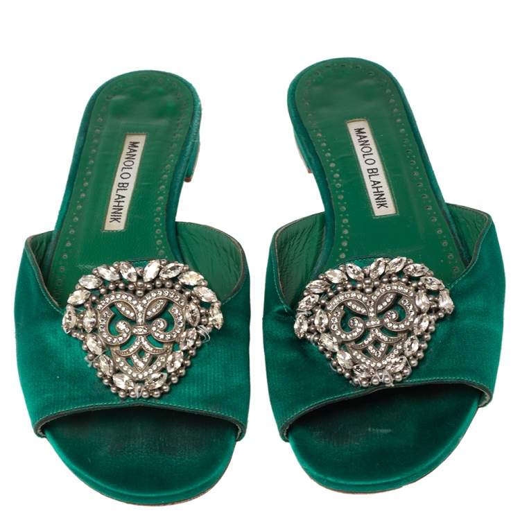 Pre Owned Manolo Blahnik Green Satin Crystal Martamod Flat Sandals size 37