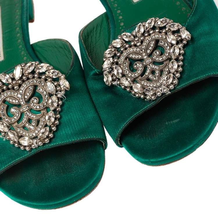 Pre Owned Manolo Blahnik Green Satin Crystal Martamod Flat Sandals size 37