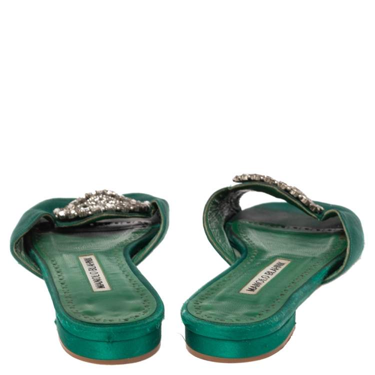 Pre Owned Manolo Blahnik Green Satin Crystal Martamod Flat Sandals size 37