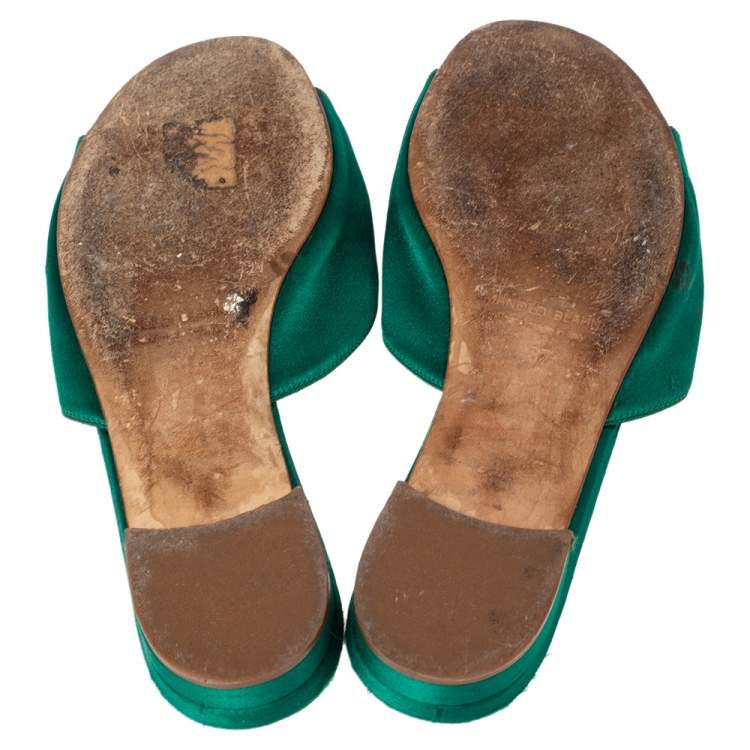 Pre Owned Manolo Blahnik Green Satin Crystal Martamod Flat Sandals size 37