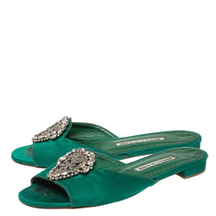 Pre Owned Manolo Blahnik Green Satin Crystal Martamod Flat Sandals size 37