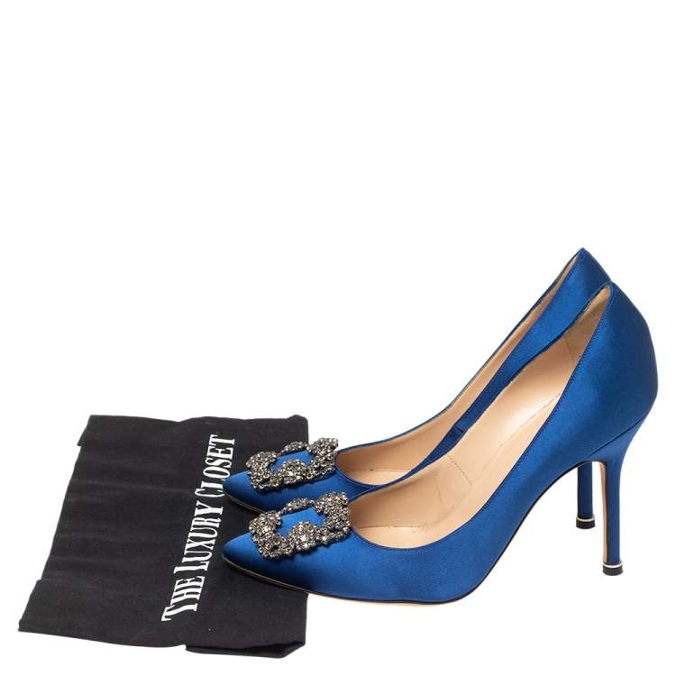 Pre Owned Manolo Blahnik Blue Satin Hangisi Pointed Toe Pumps Size 38