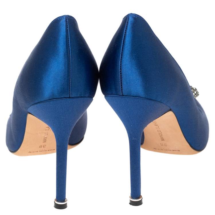 Pre Owned Manolo Blahnik Blue Satin Hangisi Pointed Toe Pumps Size 38