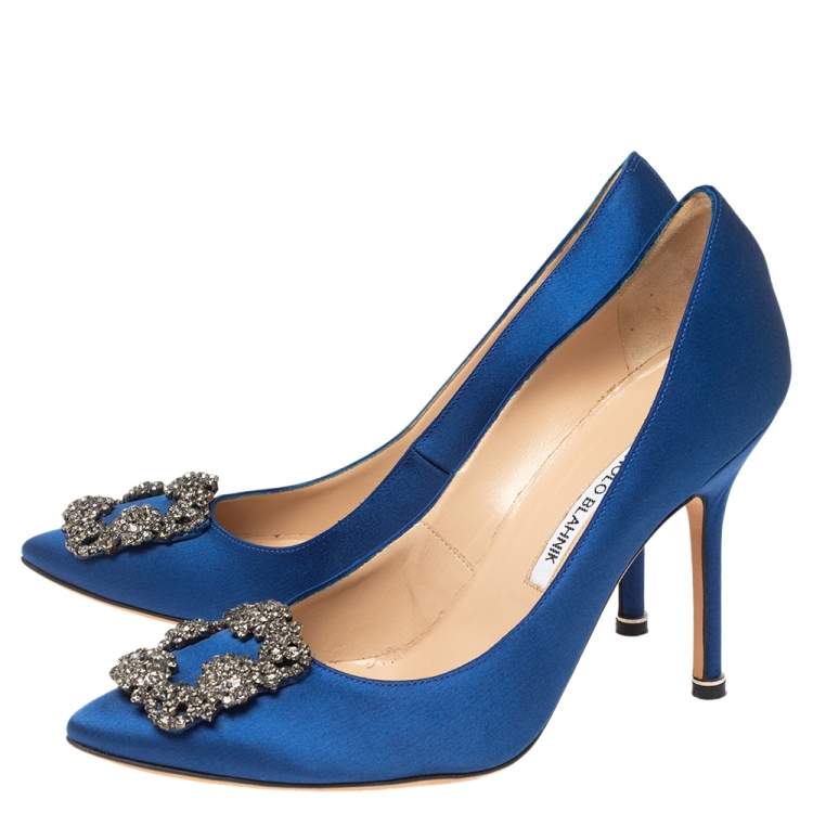 Pre Owned Manolo Blahnik Blue Satin Hangisi Pointed Toe Pumps Size 38