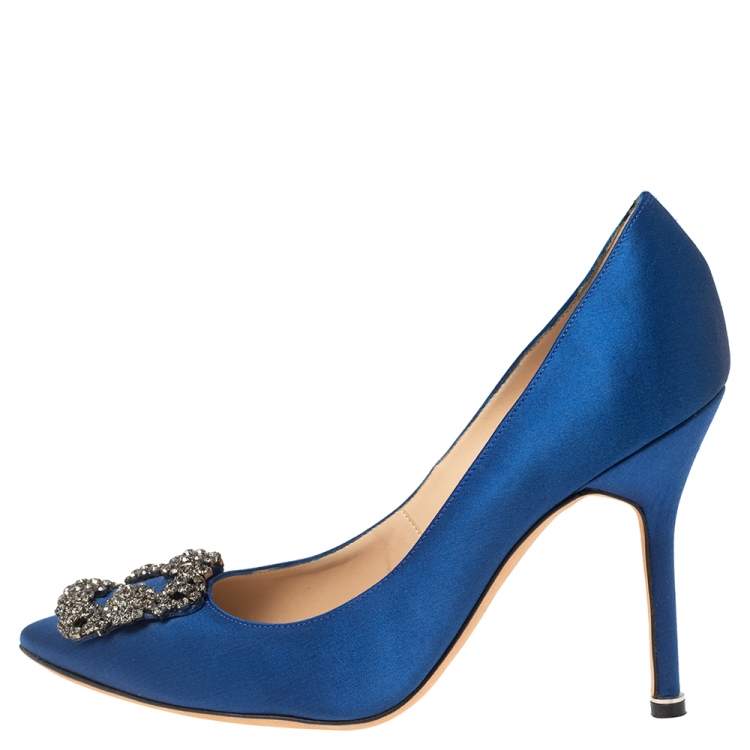 Pre Owned Manolo Blahnik Blue Satin Hangisi Pointed Toe Pumps Size 38