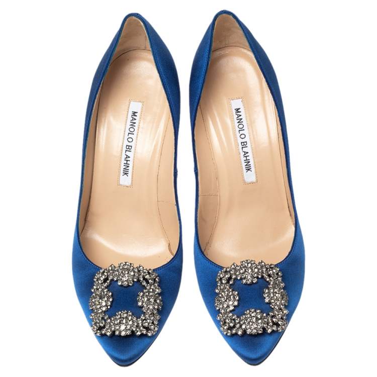 Pre Owned Manolo Blahnik Blue Satin Hangisi Pointed Toe Pumps Size 38