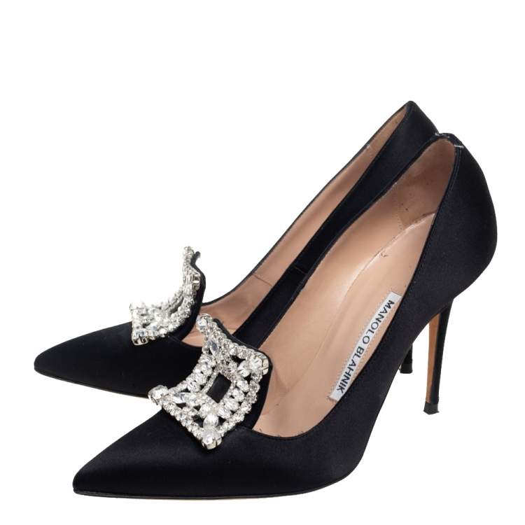 Pre Owned Manolo Blahnik Black Satin Borlak Pumps Size 36.5