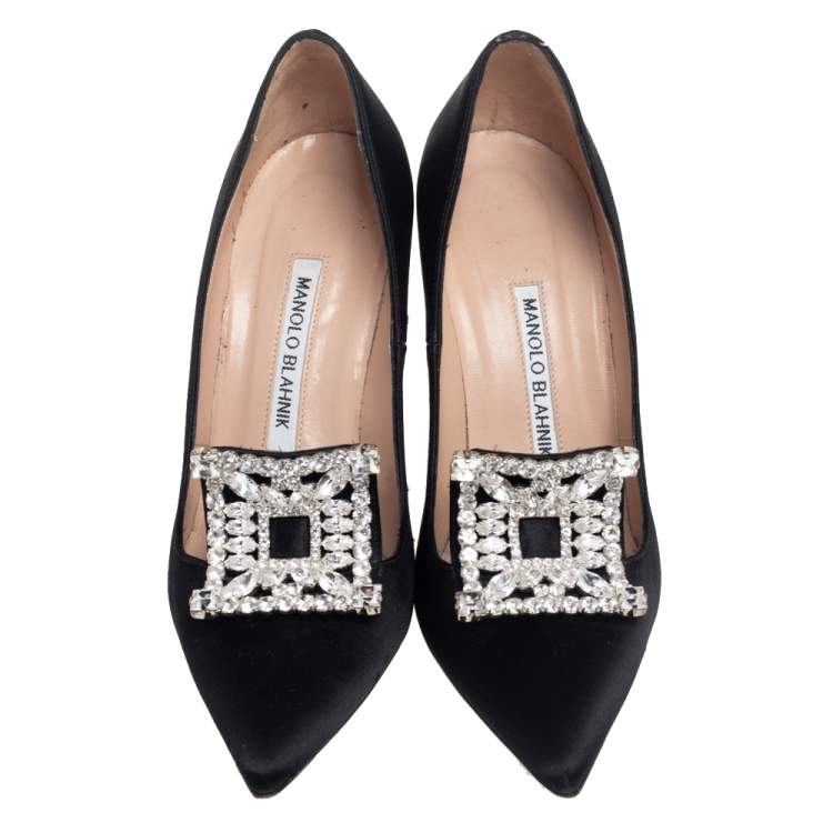 Pre Owned Manolo Blahnik Black Satin Borlak Pumps Size 36.5