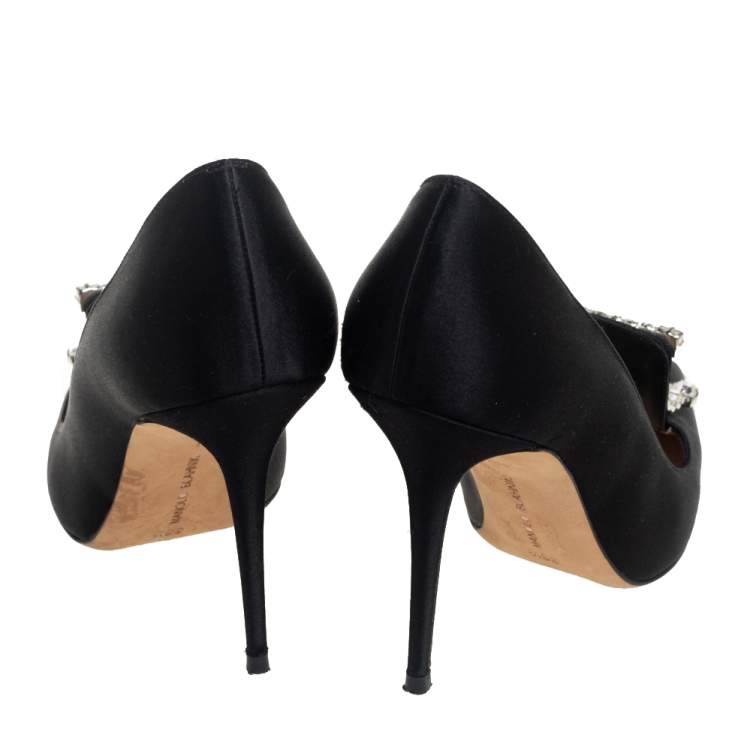 Pre Owned Manolo Blahnik Black Satin Borlak Pumps Size 36.5