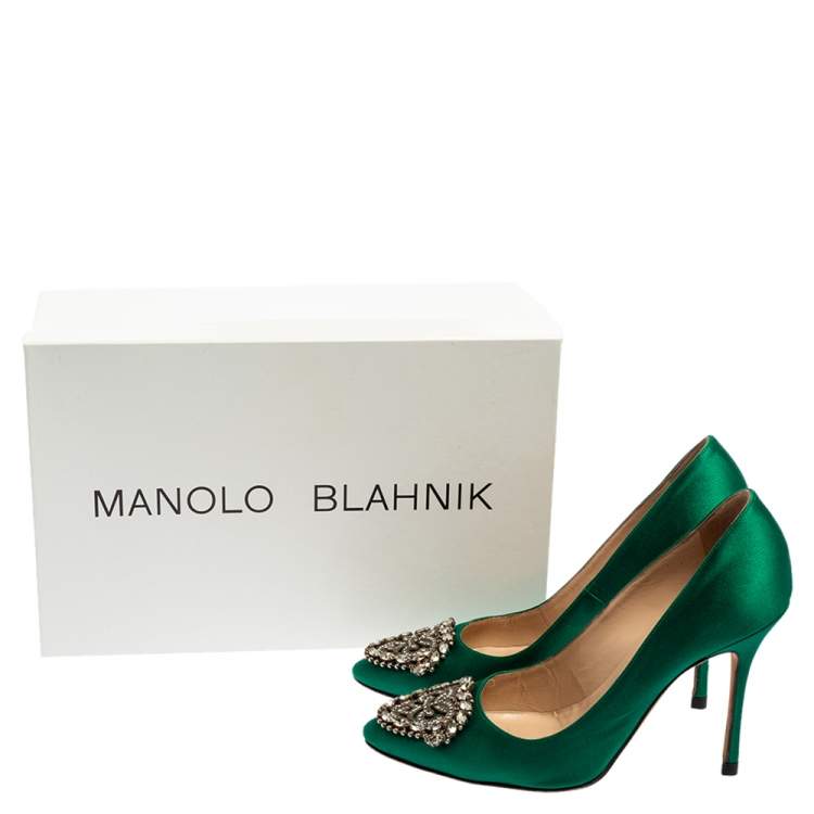 Pre Owned Manolo Blahnik Green Satin Okkava Pointed Toe Pumps Size 35.5