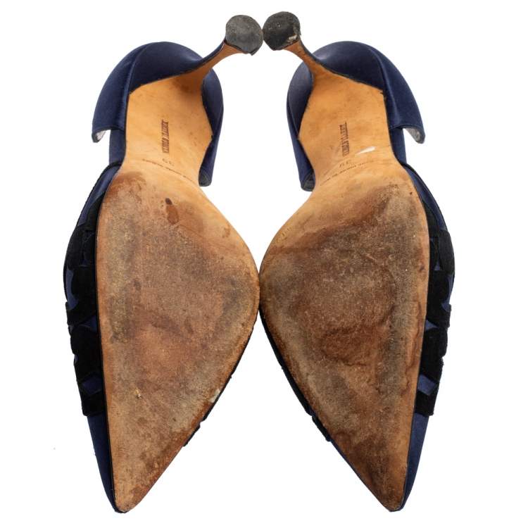 Pre Owned Manolo Blahnik Navy Blue Satin and Suede Embroidered D'Orsay Pointed Toe Pumps Size 39