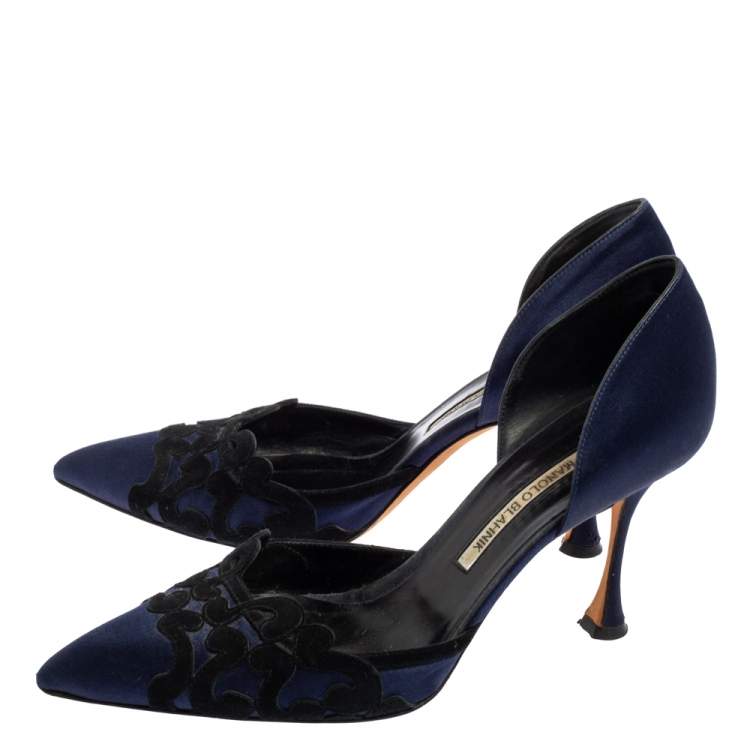 Pre Owned Manolo Blahnik Navy Blue Satin and Suede Embroidered D'Orsay Pointed Toe Pumps Size 39