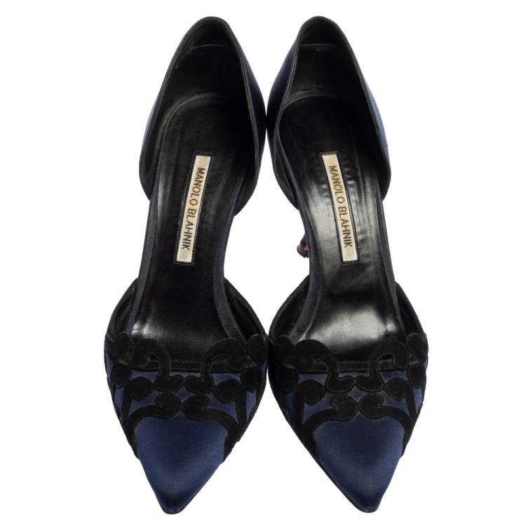 Pre Owned Manolo Blahnik Navy Blue Satin and Suede Embroidered D'Orsay Pointed Toe Pumps Size 39