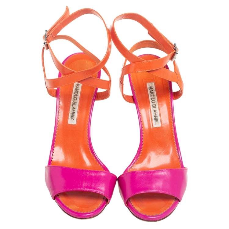 Pre Owned Manolo Blahnik Fuschia Pink/Orange Leather Ankle Strap Sandals Size 38