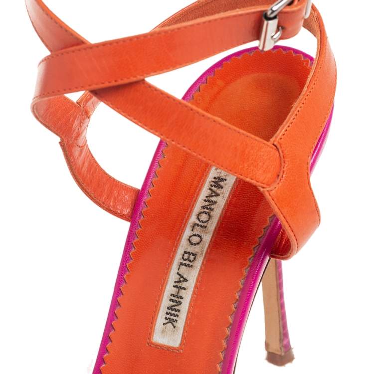 Pre Owned Manolo Blahnik Fuschia Pink/Orange Leather Ankle Strap Sandals Size 38