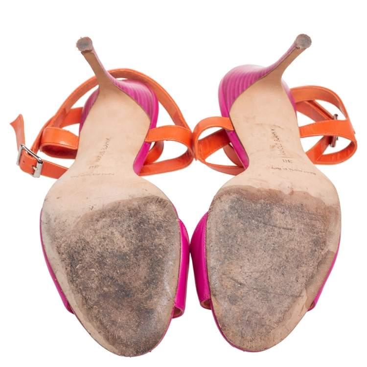 Pre Owned Manolo Blahnik Fuschia Pink/Orange Leather Ankle Strap Sandals Size 38