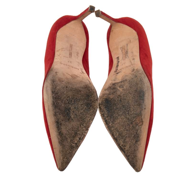 Pre Owned Manolo Blahnik Red Suede BB Pointed Toe Pumps Size 37