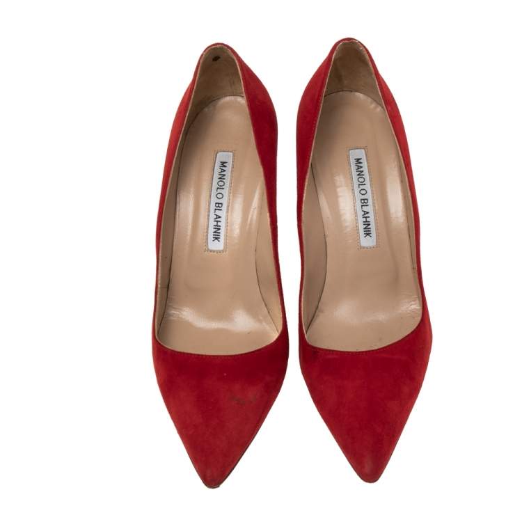 Pre Owned Manolo Blahnik Red Suede BB Pointed Toe Pumps Size 37