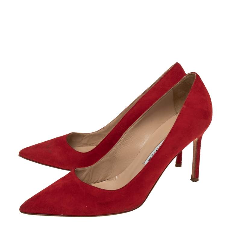 Pre Owned Manolo Blahnik Red Suede BB Pointed Toe Pumps Size 37