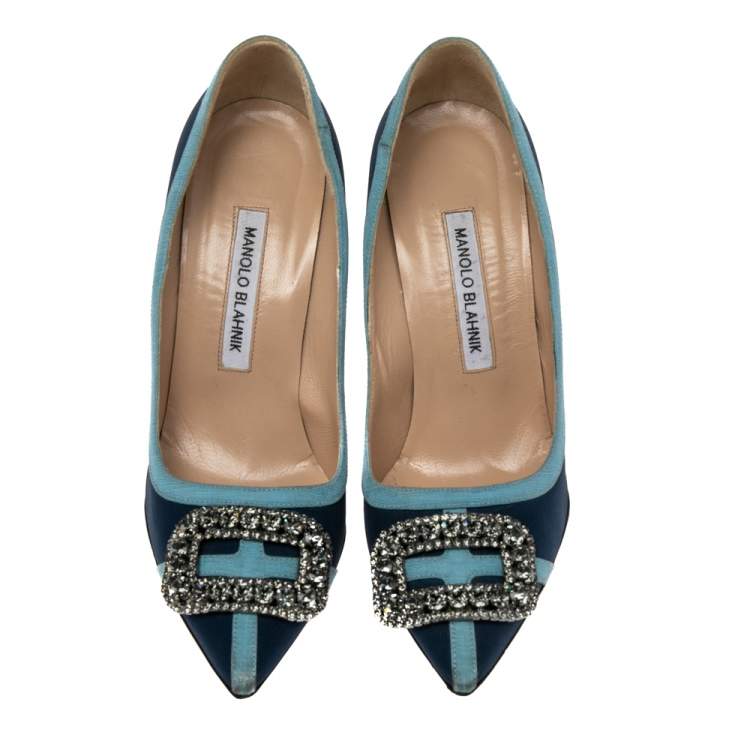Pre Owned Manolo Blahnik Navy Blue Fabric And Canvas Hangisi Pumps Size 37