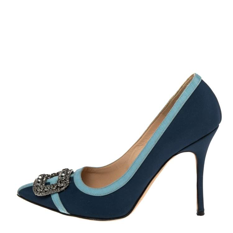 Pre Owned Manolo Blahnik Navy Blue Fabric And Canvas Hangisi Pumps Size 37