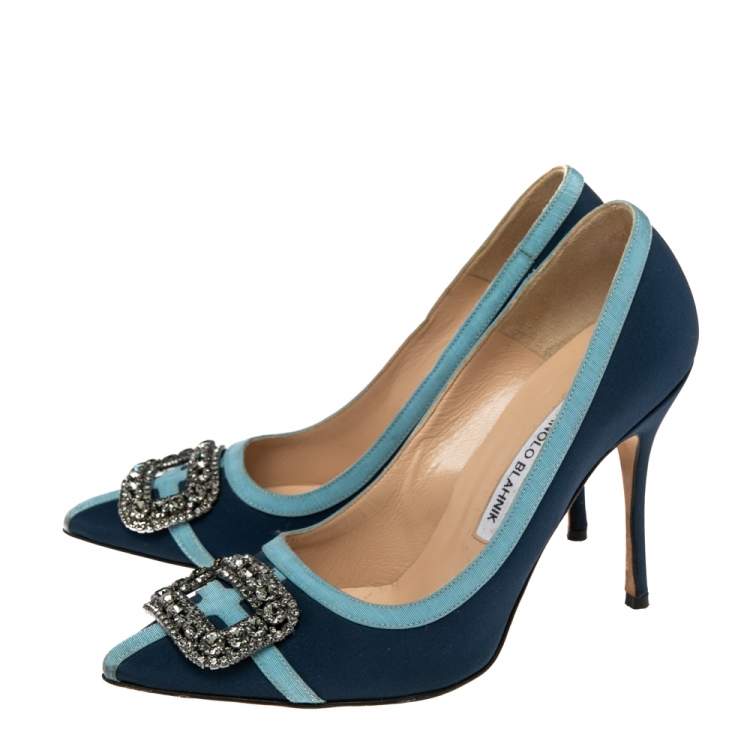 Pre Owned Manolo Blahnik Navy Blue Fabric And Canvas Hangisi Pumps Size 37