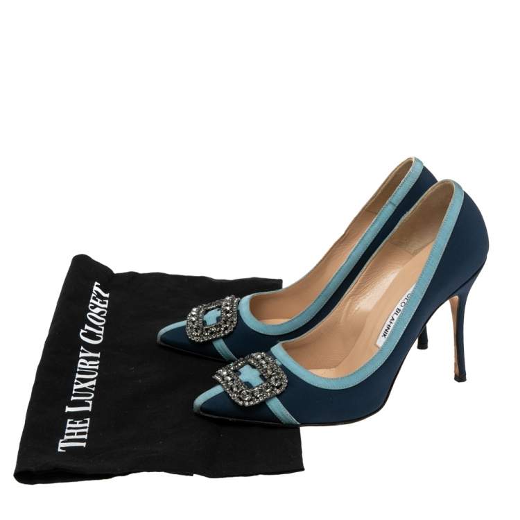 Pre Owned Manolo Blahnik Navy Blue Fabric And Canvas Hangisi Pumps Size 37