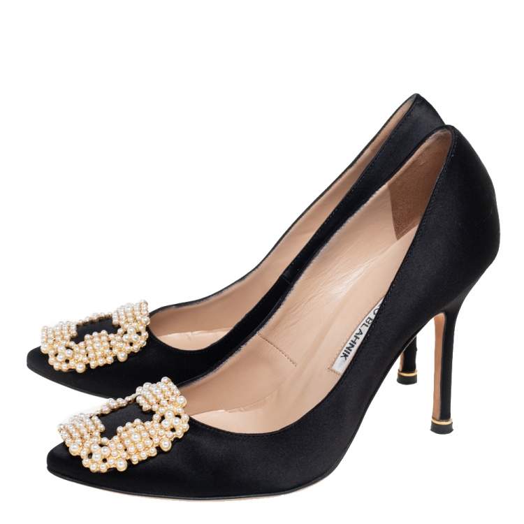 Pre Owned Manolo Blahnik Black  Satin Hangisi Pumps Size 36.5